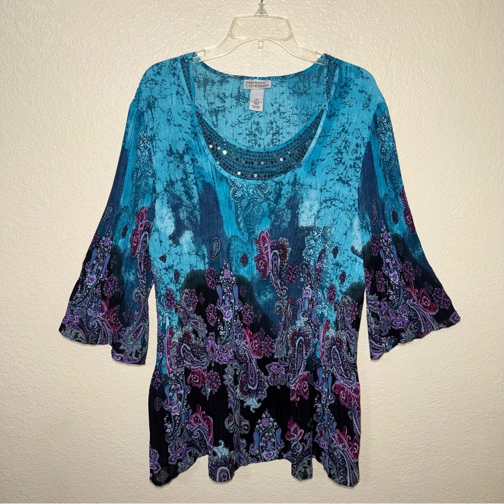 Maggie Barnes Catherines 1X Paisley Boho Tunic Top Beaded Bell Sleeve